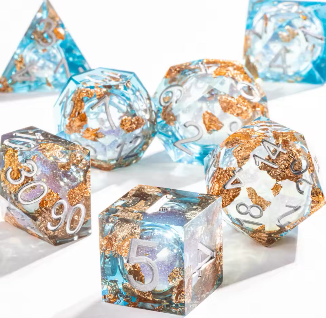 Crystal Blue with Gold Flakes Dice Set